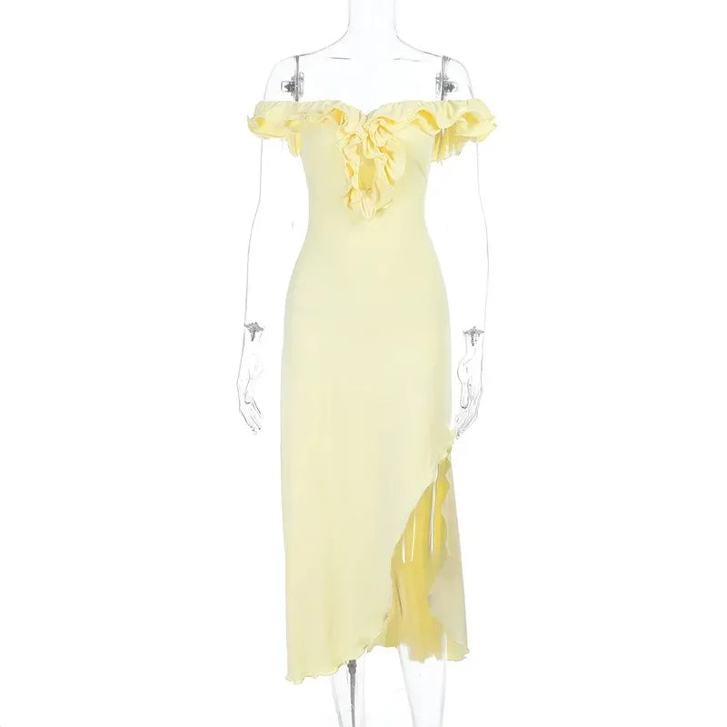 Glorol - Elegant Off Shoulder Hollow Out Midi Dress