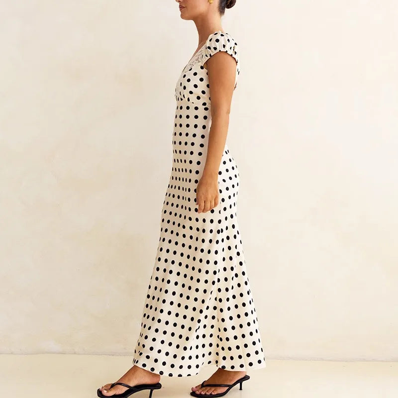 Glorol - Elegant Polka Dot Patchwork Hollow Out Maxi Dress