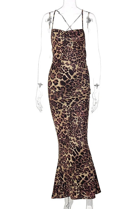 Glorol - Leopard Print Spaghetti Strap Sleeveless Maxi Dress