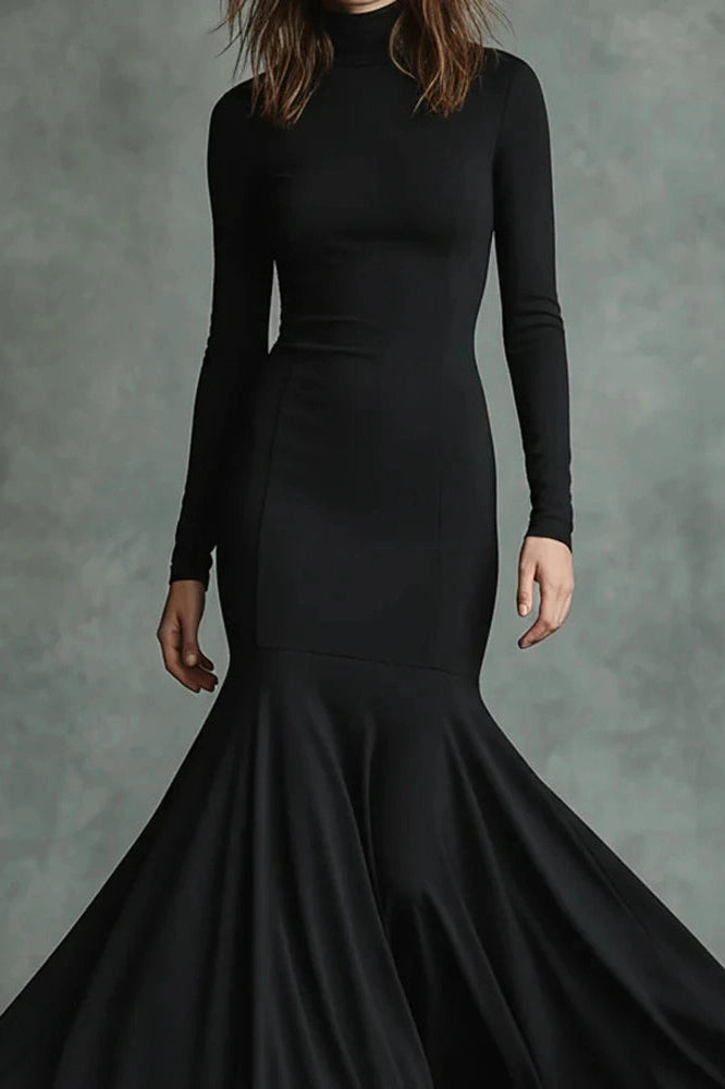 Glorol - Elegant Slim High Waist Turtleneck Long Sleeve Maxi Dress