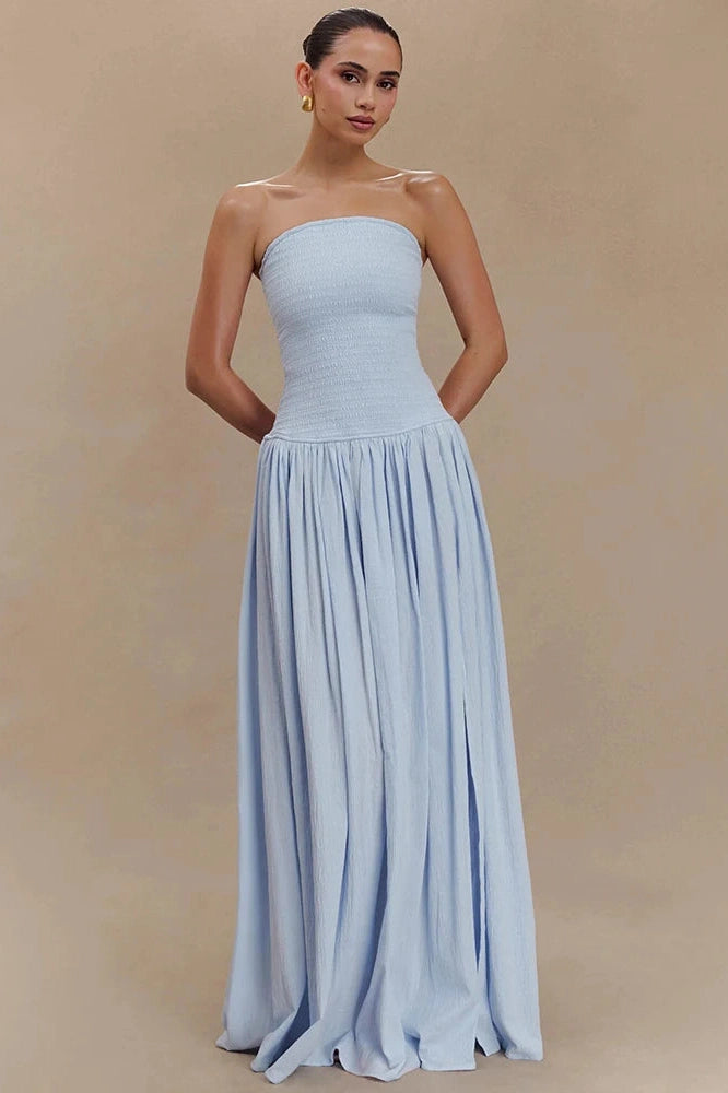 Glorol - Off-Shoulder Strapless Sleeveless Backless High Split Pleated Maxi Dress