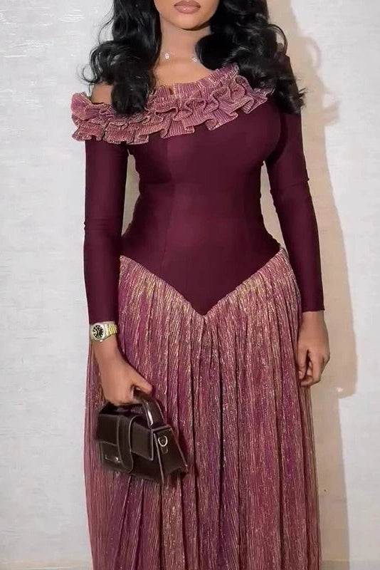 Glorol - Long Sleeve Slash Collar Slim Pleat Maxi Dress