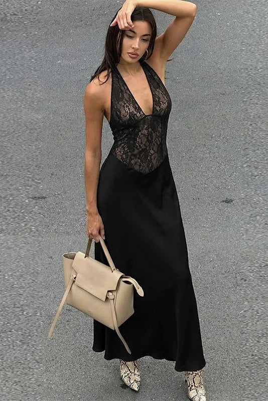 Glorol - Hollow-Out Lace Patchwork Deep V-Neck Maxi Dress