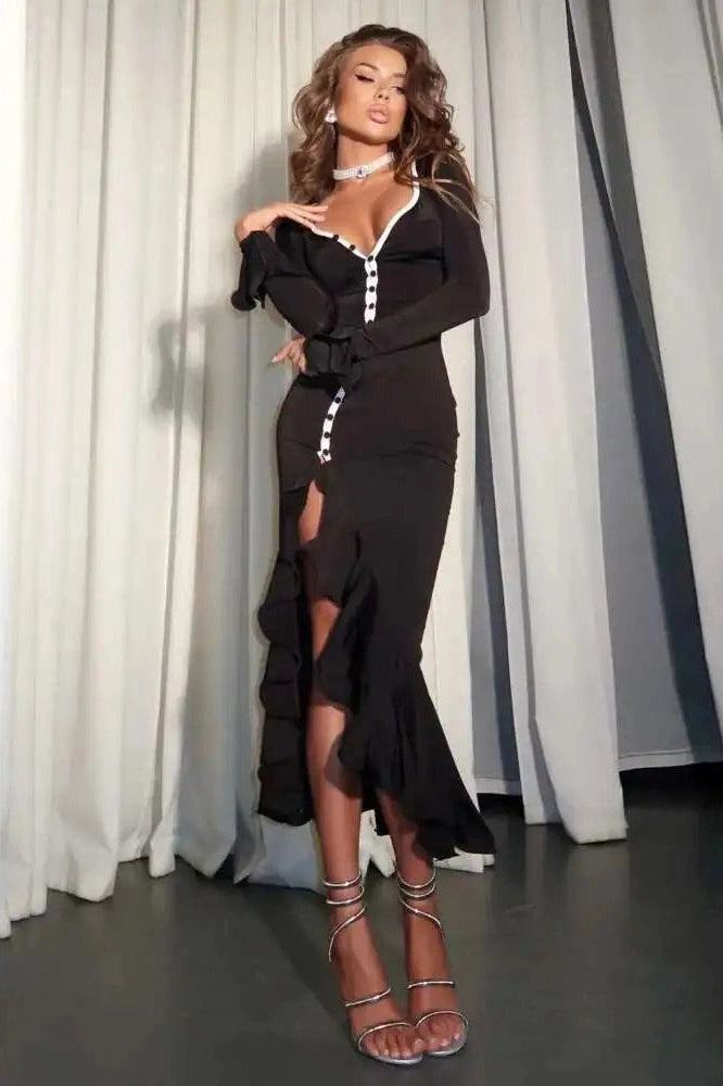 Glorol - Long Sleeve V Neck Single-Breasted High Waist Maxi Dress