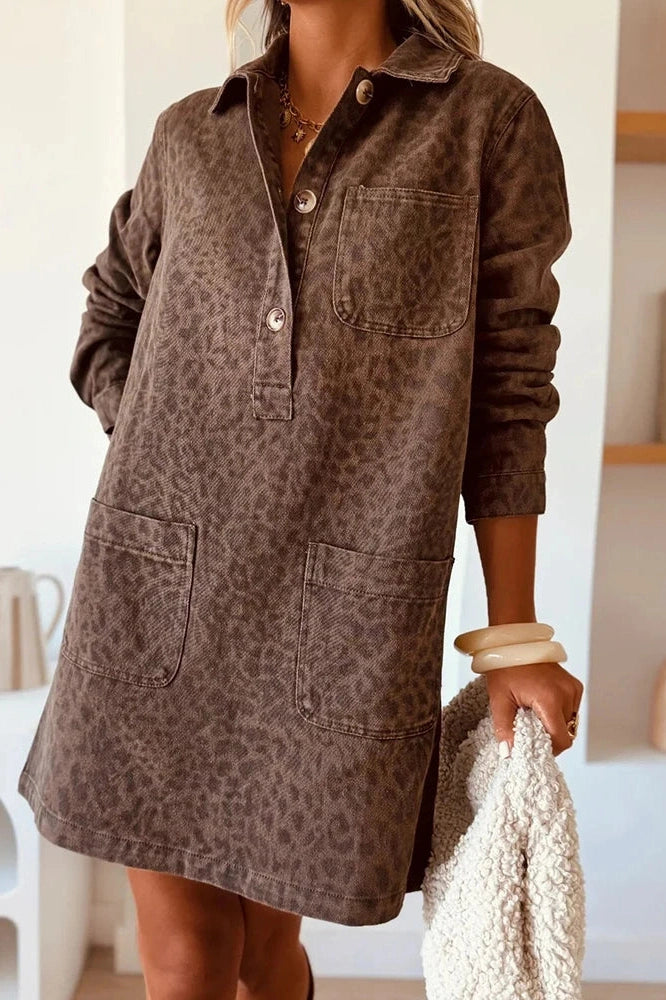 Glorol - Elegant Long Sleeve Pocket High Waist Loose Printed Mini Dress
