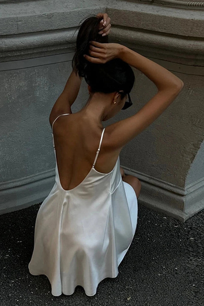 Glorol - Lace Deep V Neck Backless Spaghetti Strap Mini Dress