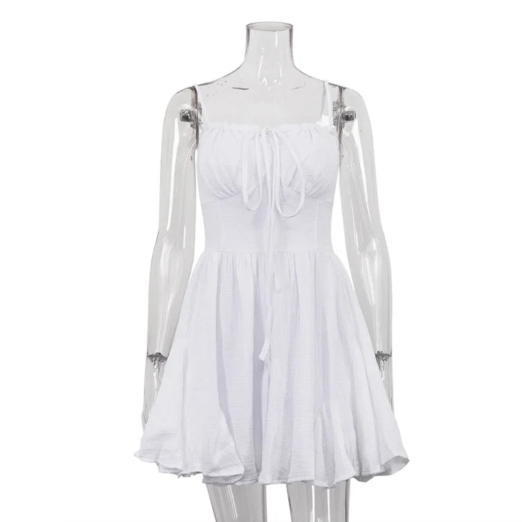 Glorol - Lace-Up A-Line High Waist Pleated Mini Dress