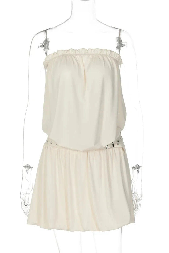 Glorol - Off-Shoulder Strapless Sleeveless Backless High Waist Pleated Mini Dress