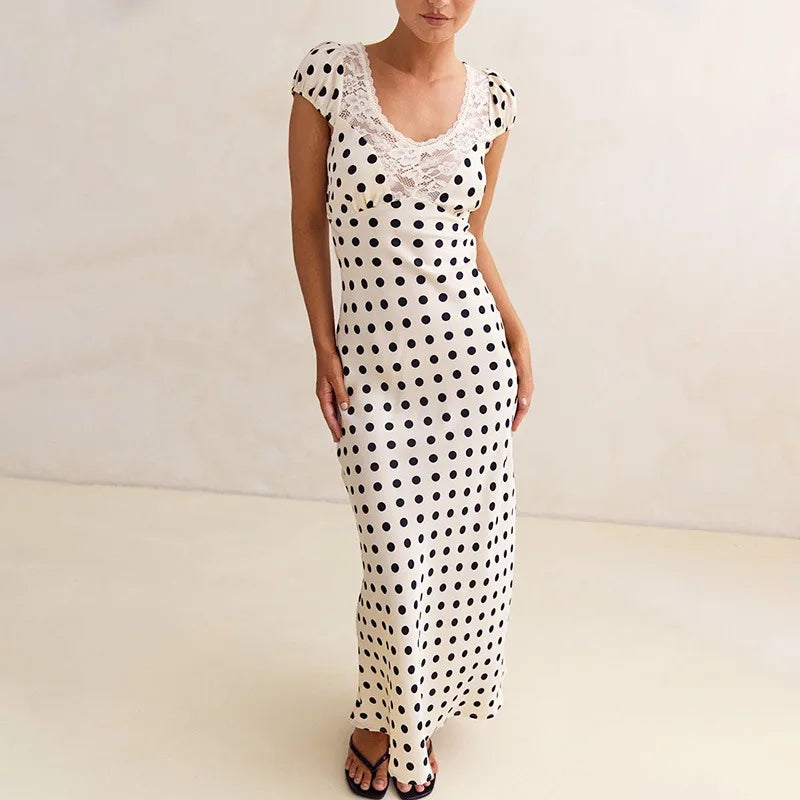 Glorol - Elegant Polka Dot Patchwork Hollow Out Maxi Dress