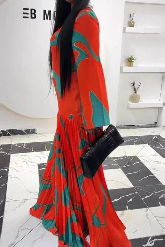 Glorol - Long Sleeve High Waist Printed O-Neck Maxi Dress
