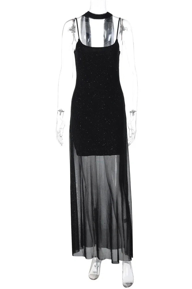 Glorol - Lace-Up See-Through Backless Slim Bodycon Maxi Dress