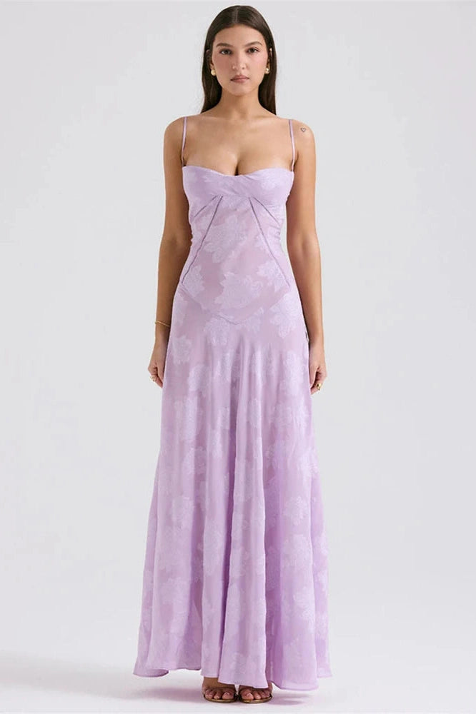 Glorol - Elegant Print Spaghetti Strap Sleeveless Backless Maxi Dress