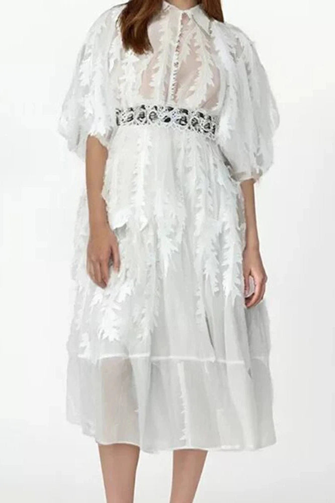 Glorol - Elegant Loose Puff Sleeve High Waist Midi Dress