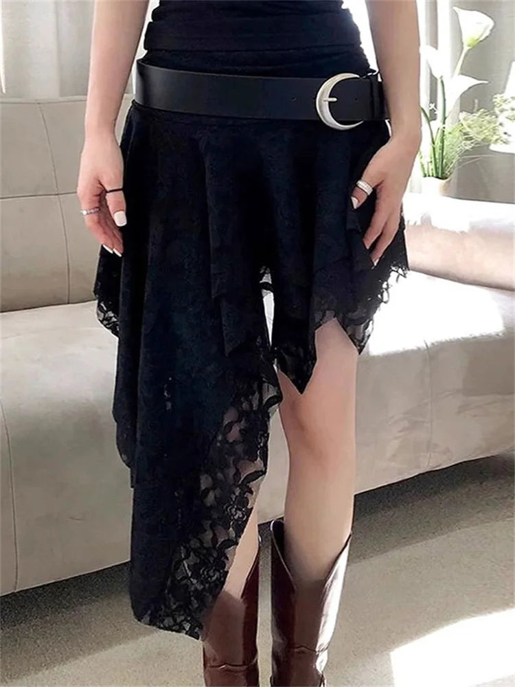 Glorol - High Waist See-Through Lace Patchwork Skirt