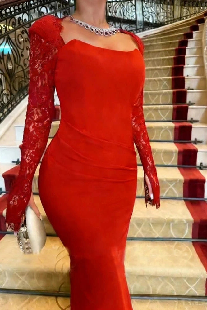Glorol - Long Sleeve Pleated Bodycon Square Collar Lace Slim Maxi Dress
