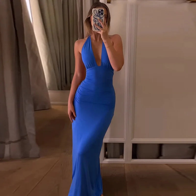 Glorol - Backless Deep V Neck Lace Up Slim Maxi Dress