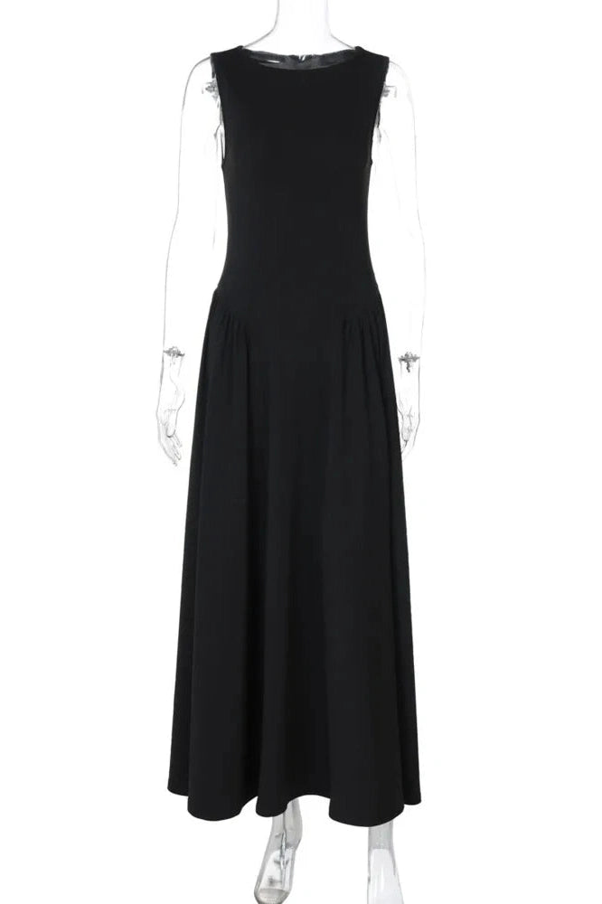 Glorol - Sleeveless Pleated O Neck High Waist A-Line Midi Dress
