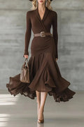 Glorol - Elegant Pleated V-Neck Long Sleeve Midi Dress