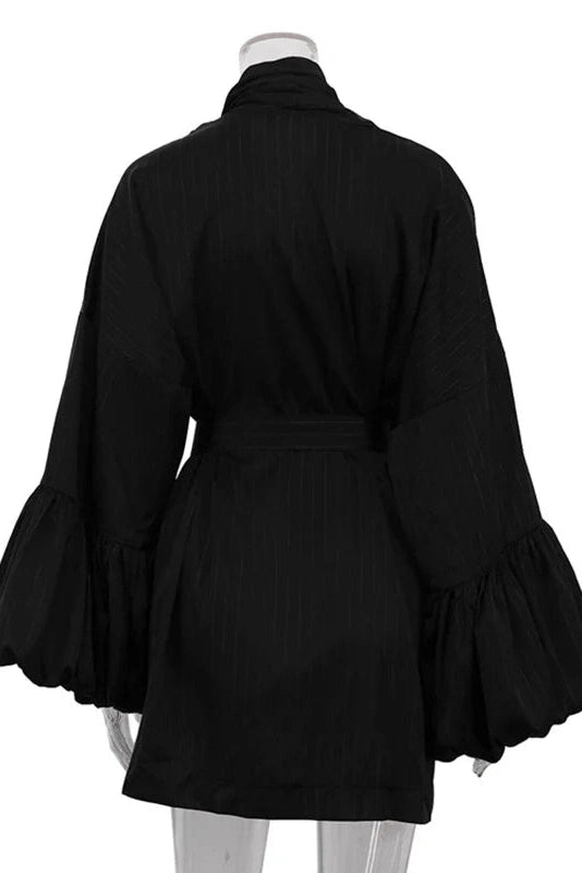 Glorol - Puff Sleeve Lace-Up Striped Loose V-Neck A-Line Mini Dress