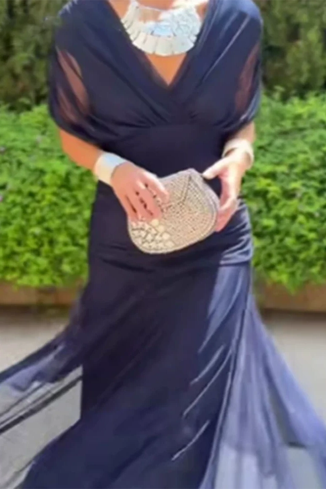Glorol - Printed Shawl Sleeve High Waist Pleated V-Neck Off Shoulder Maxi Dress