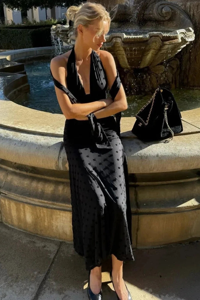 Glorol - Polka Dot Deep V Neck Sleeveless Backless Bodycon Maxi Dress