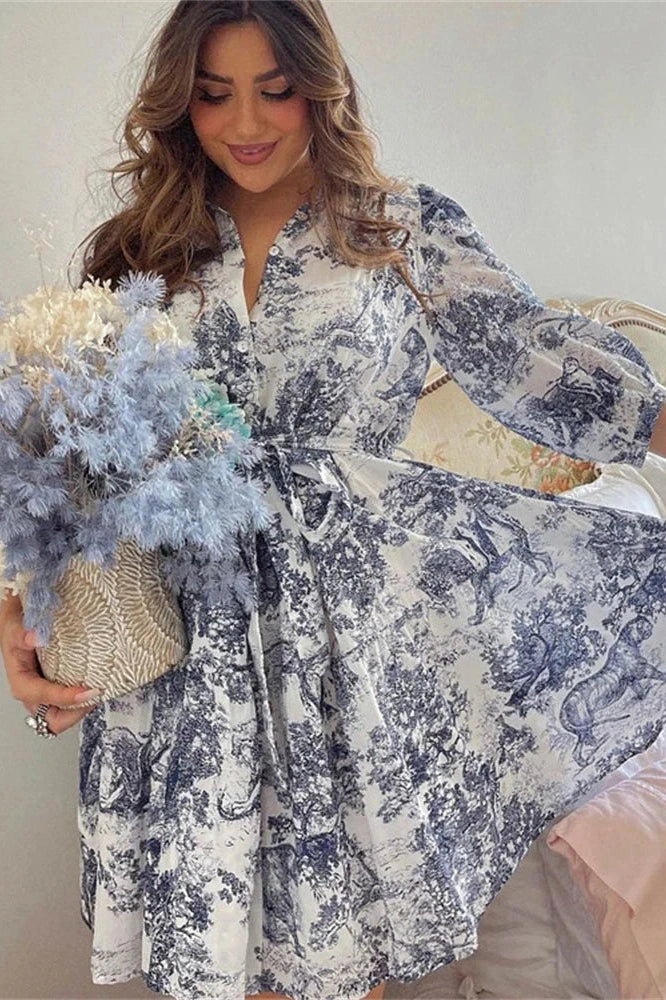 Glorol - Printed Lace-Up High Waist Short Sleeve Mini Dress
