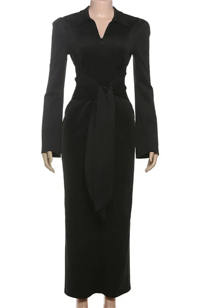 V-Neck Lace-Up High Waist Zipper Maxi Dress