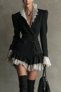 Glorol - Long Sleeve High Waist A-Line Pleated V-Neck Lace Mini Dress