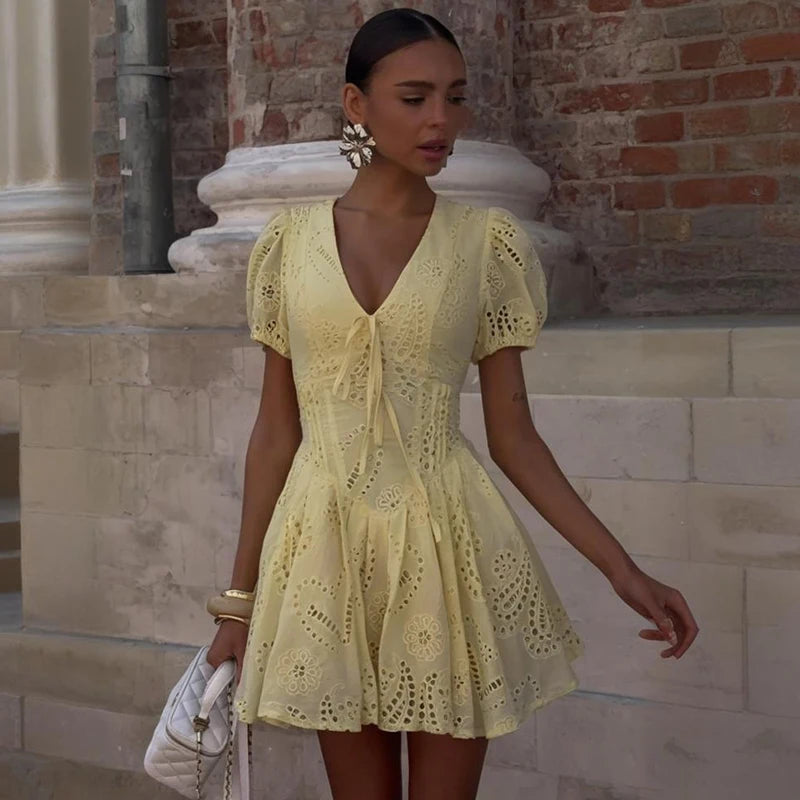 Glorol - Lace Up V Neck Short Sleeve A-Line Mini Dress