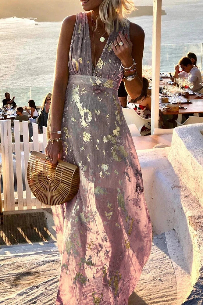 Glorol - Hollow High Waist Printed Sleeveless Deep V Neck Maxi Dress