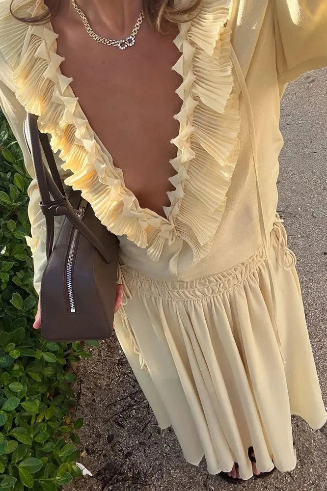 Glorol - Lace-Up See-Through V-Neck Long Sleeve Loose Top