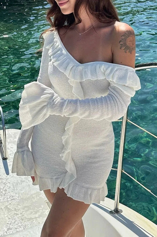 Glorol - Elegant Knitted Long Sleeve Slim V Neck Mini Dress
