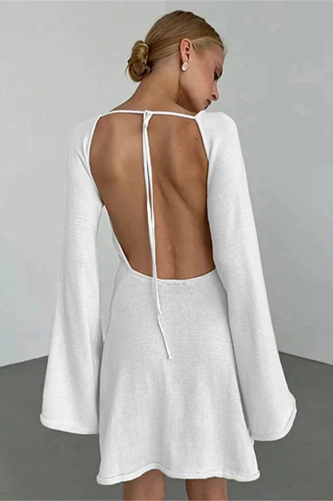 Glorol - Backless Lace-Up Long Sleeve High Waist Mini Dress