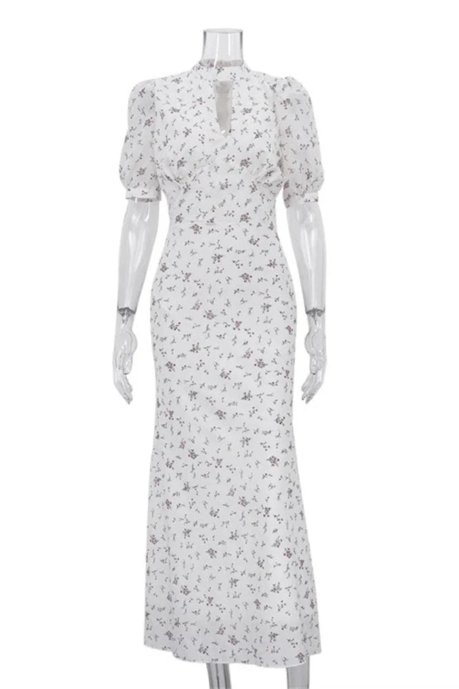 Glorol - Printed V-Neck Short Sleeve High Waist Maxi Dress