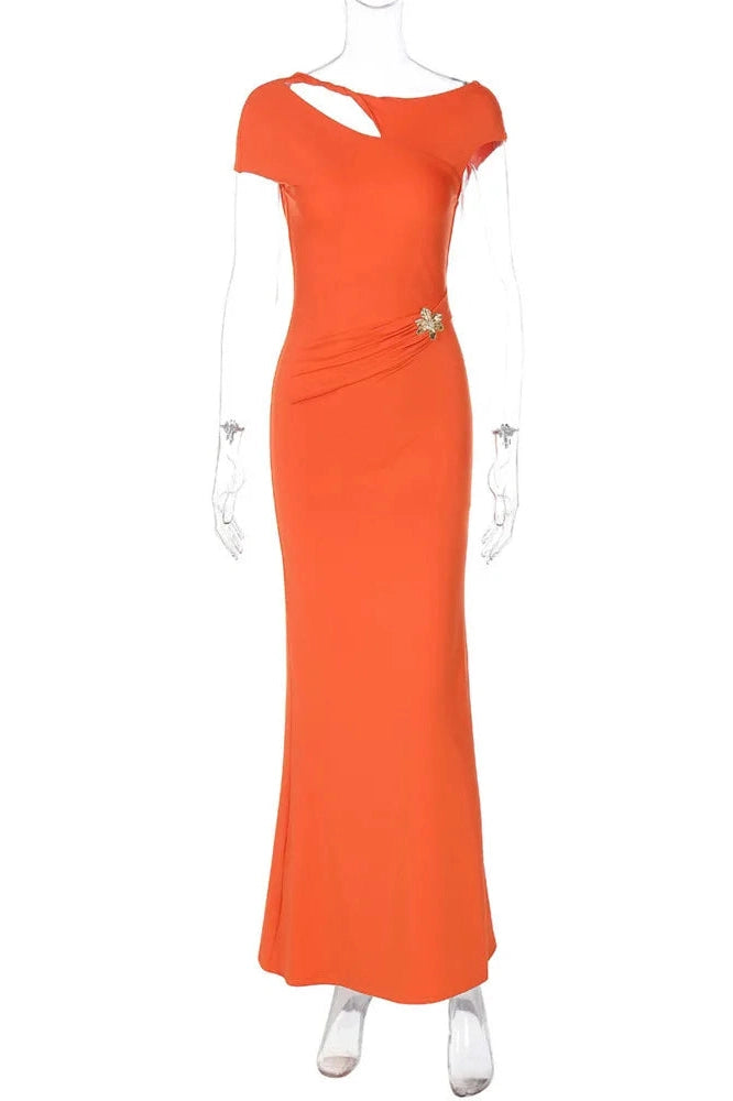 Glorol - Hollow Out Backless Short Sleeve Slim Fit Maxi Dress