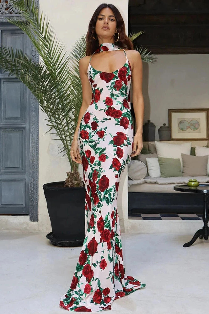 Glorol - Elegant Backless Print Sleeveless High Waist Maxi Dress