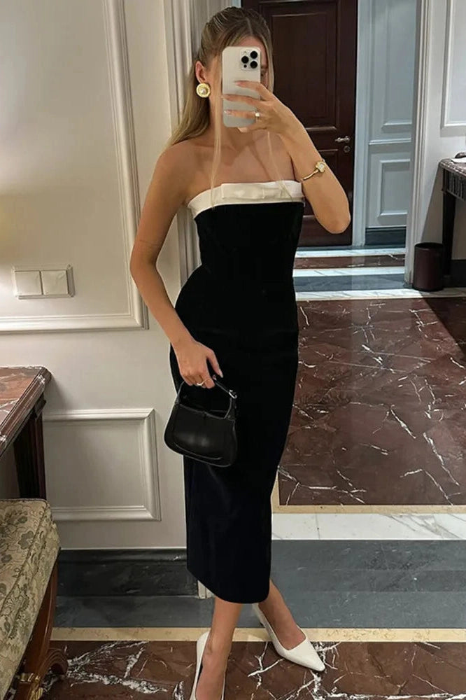 Glorol - Off-Shoulder Strapless Backless Patchwork Maxi Dress