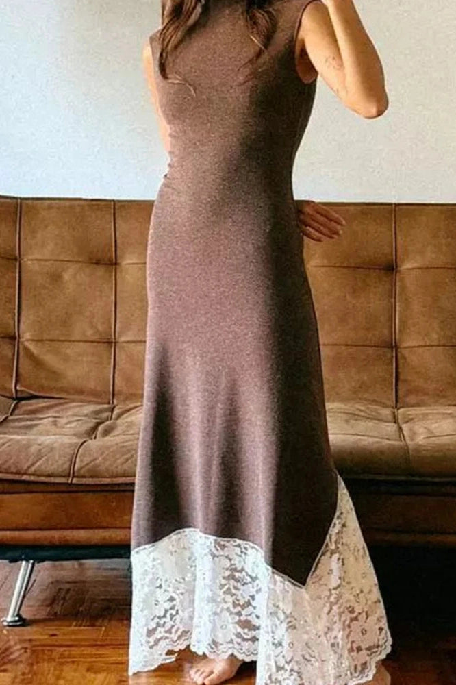 Glorol - Hollow Out O-Neck Sleeveless Slim Lace Knit Maxi Dress