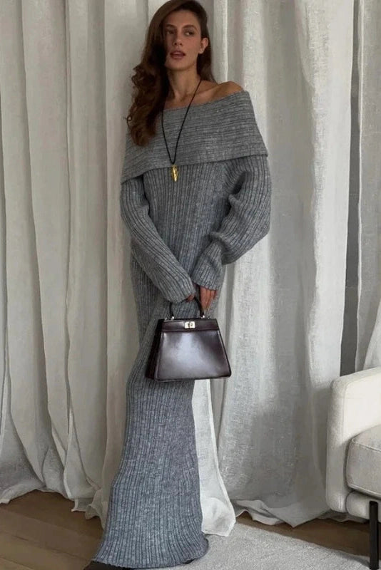 Glorol - Knitted Off-Shoulder Long-Sleeved Slim High Waist Backless Maxi Dress