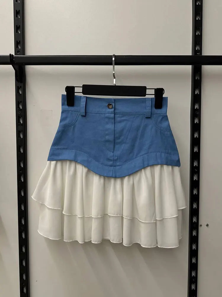 Glorol - High Waist Contrast Patchwork Pleated Skirt