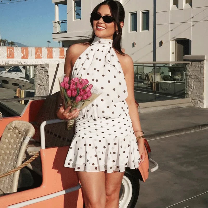 Glorol - Polka Dot Print Lace-Up Halter Neck Mini Dress