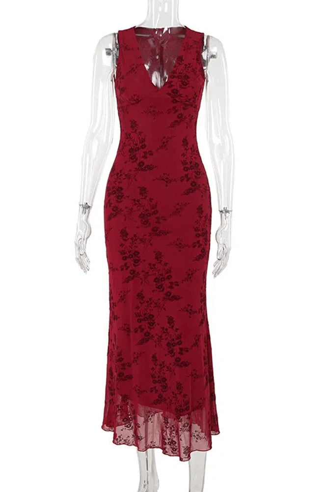 Glorol - Printed Deep V Neck Sleeveless Slim Maxi Dress