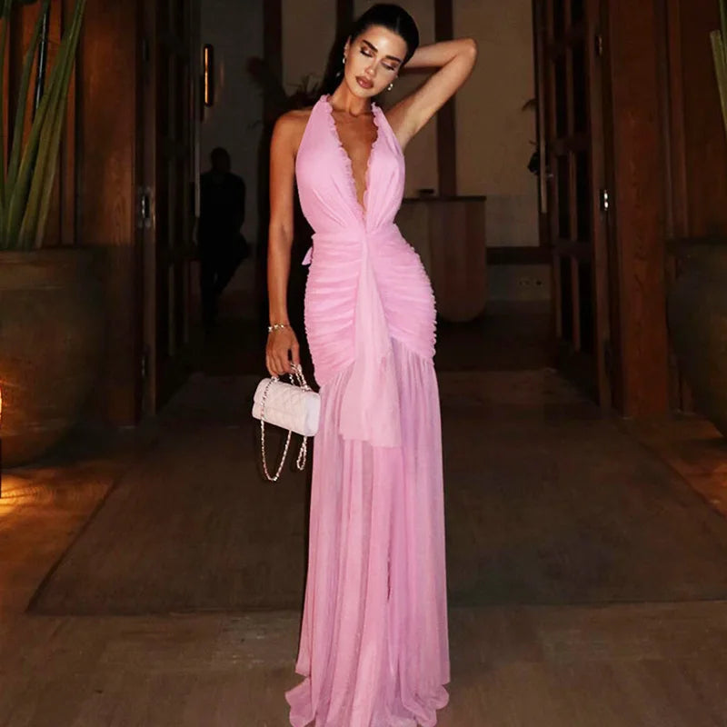 Glorol - See Through Lace Up Patchwork Maxi Dress