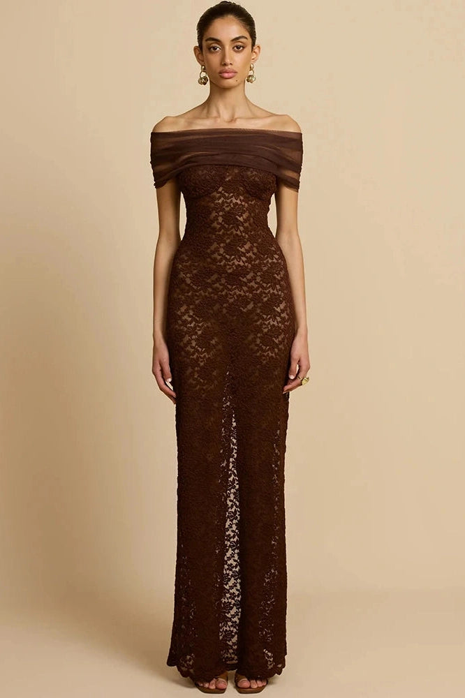 Glorol - Lace Off-Shoulder See Through Strapless Sleeveless Split Bodycon Maxi Dress