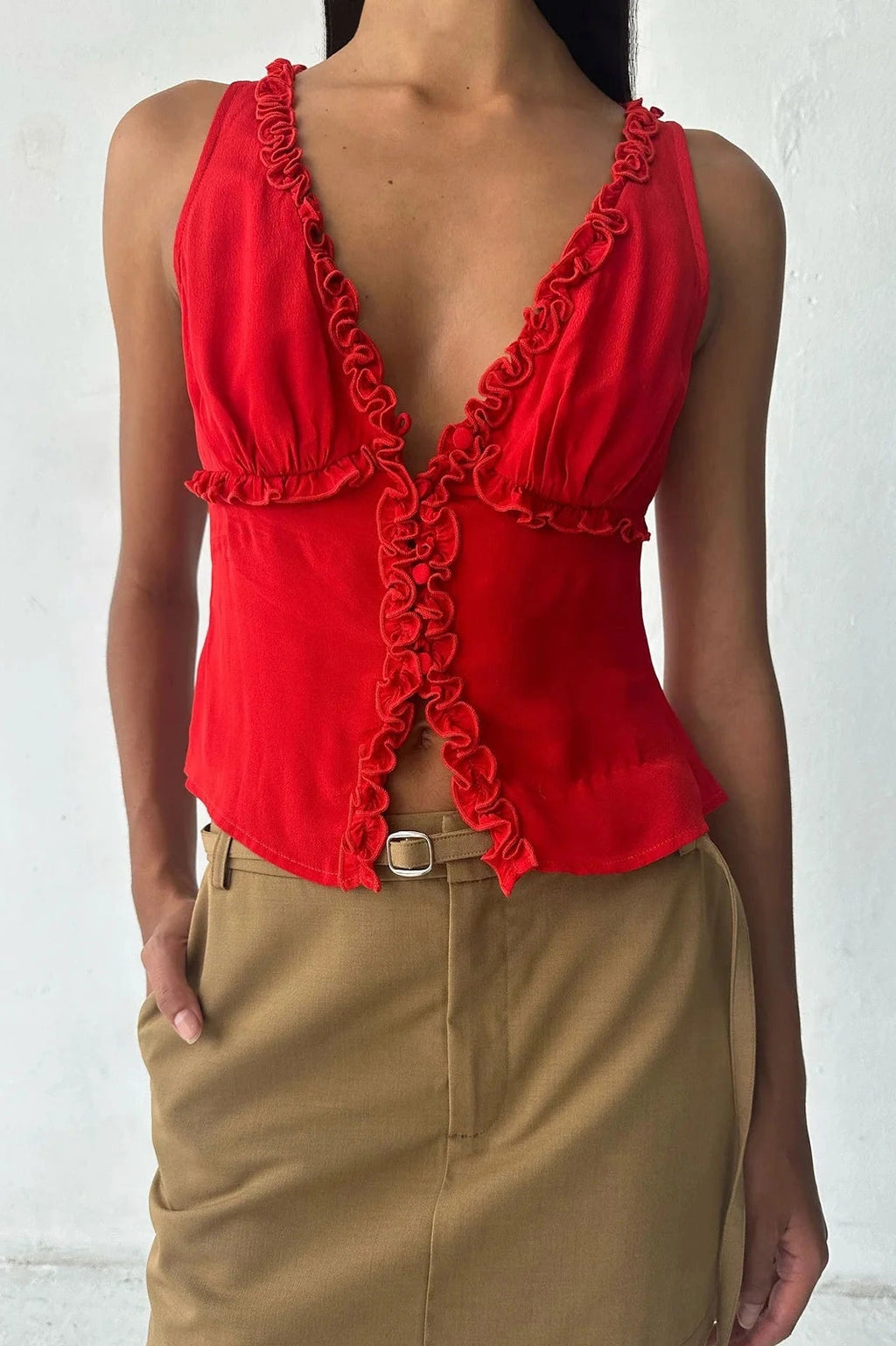 Glorol - Dot Print Deep V-Neck Sleeveless Slim Top