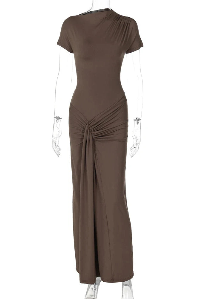 Glorol - Elegant Slim Pleated Lace Up Short Sleeve Maxi Dress