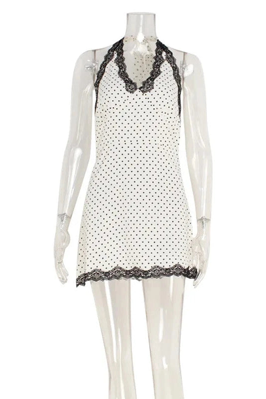 Glorol - Polka Dot V-Neck Lace Slim Backless Mini Dress