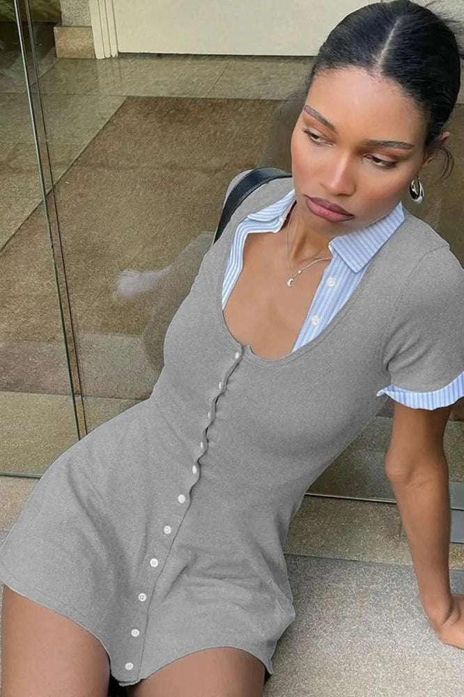 Glorol - Short Sleeve Patchwork Square Collar Single-Breasted Slim High Waist Mini Dress