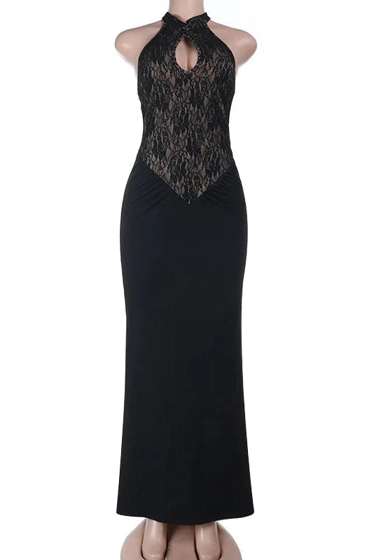 Glorol - Hollow Out Lace Patchwork Slim High-Waisted Maxi Dress