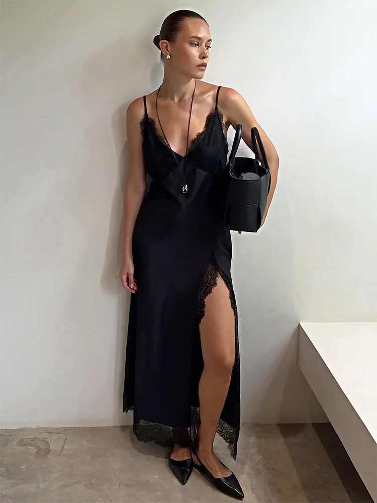 Glorol - Elegant Lace V-Neck Fitted Split Maxi Dress